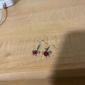 Silver Turtle Earrings with Red Accents